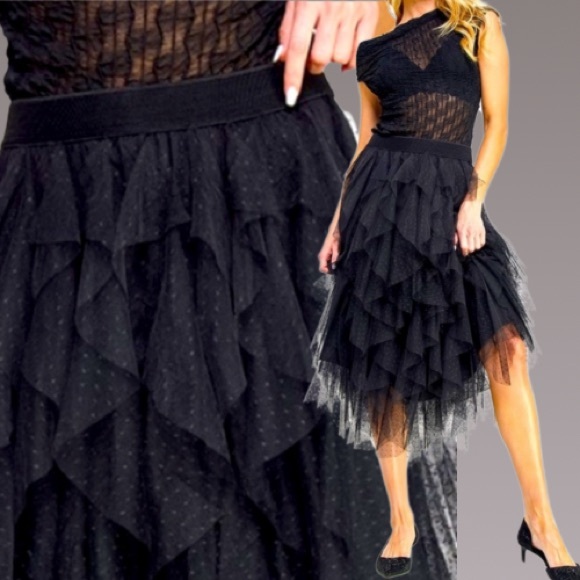 Trending Fun and Flirty Ruffled Tulle Pull on Stretch Waist Midi Skirt - Picture 1 of 7